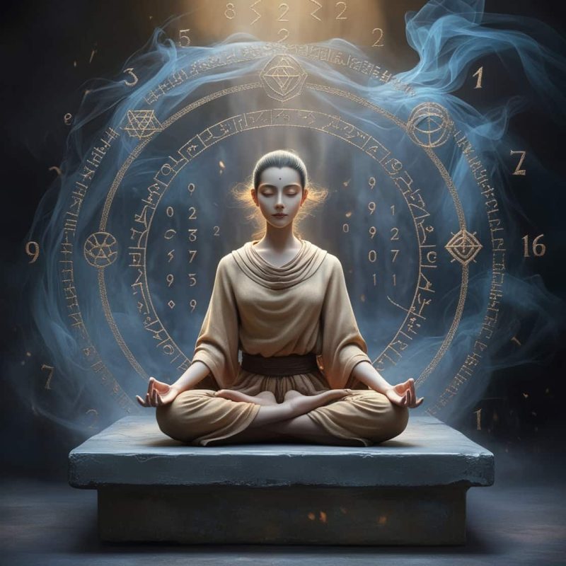 meditacion-min Una mujer medita con simbolos y numeros